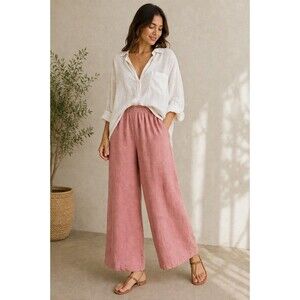 Cynthia Rowley 100% Linen Wide Leg Pants Pink Elastic Waist Relaxed Fit Women S